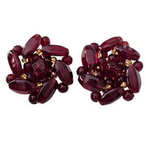 Ruby Red Glass Bead Cluster Clip On Earrings, Vintage L549